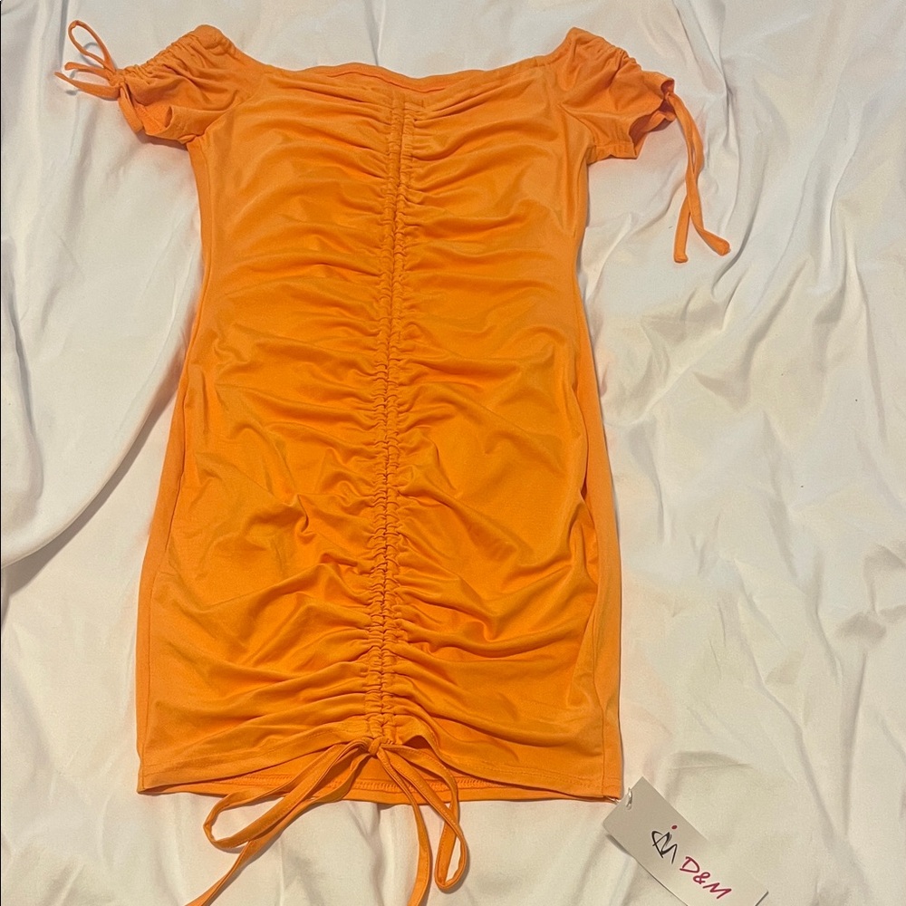 Orange Ruched Off-Shoulder Dress